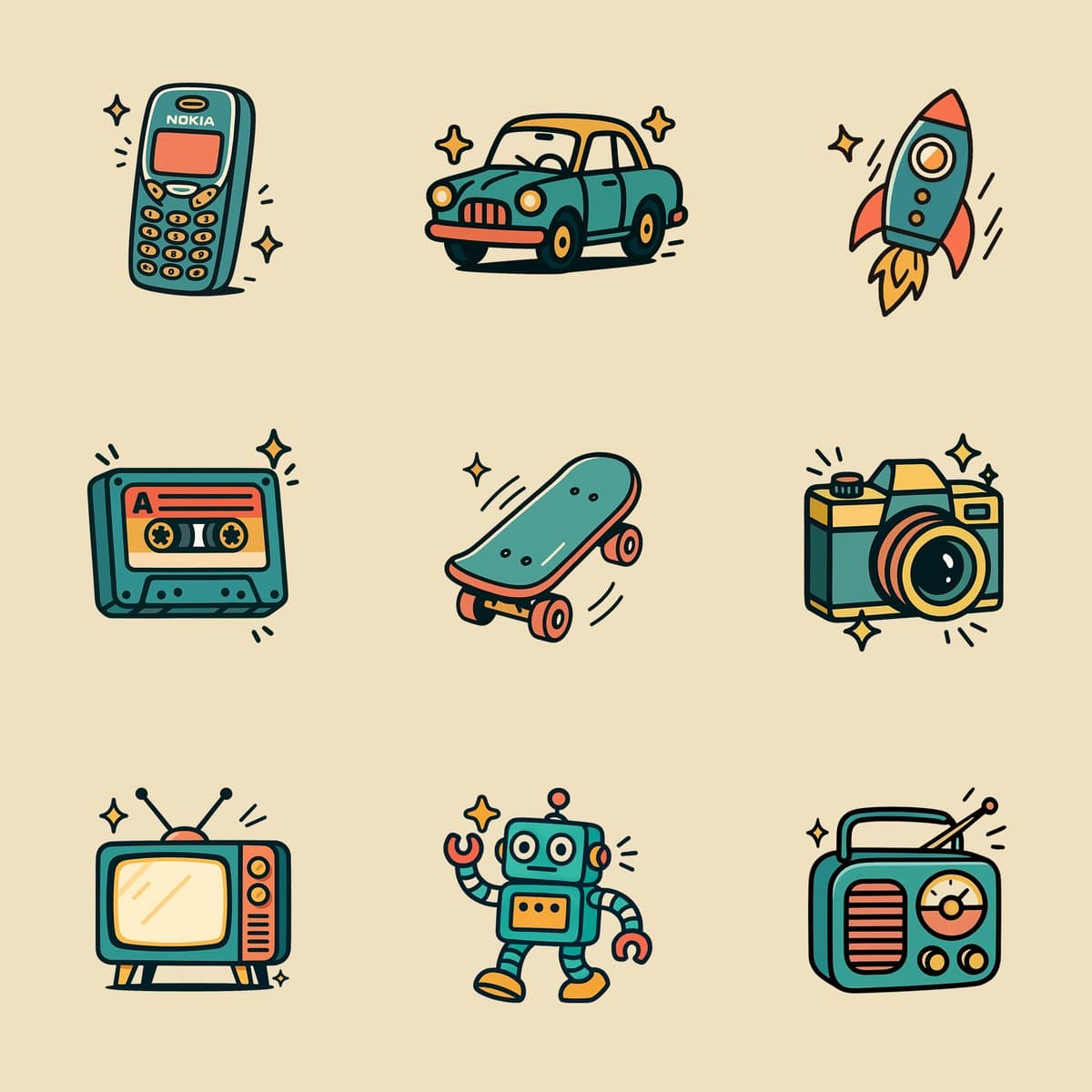 Vintage style icons (cartoon, illustration)