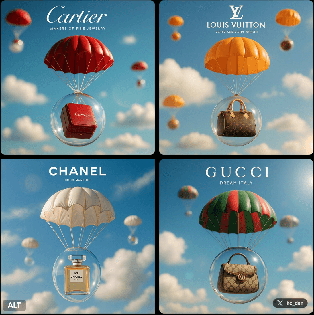 Luxury brands descend from the heavens. (branding, product)