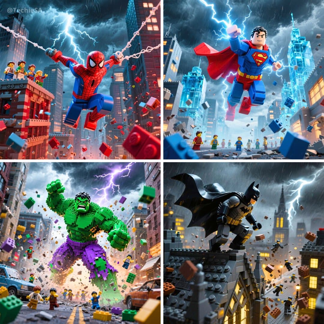 Lego superheroes strike dynamic action poses (fashion, landscape)