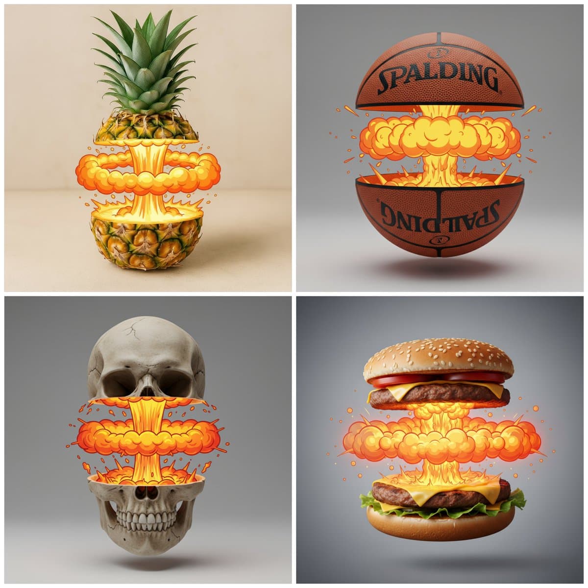 Cutting objects with cartoon explosions (cartoon, nature)