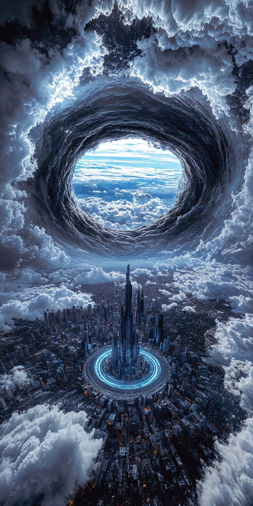 A massive vortex over the city breaks through the storm clouds. (futuristic)