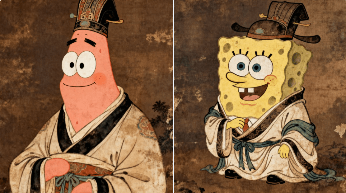 SpongeBob and Patrick Star dressed in ancient costumes (nature)