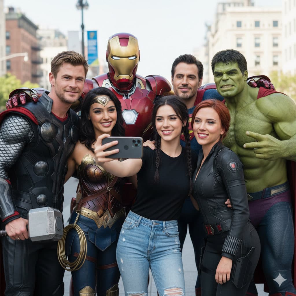 Taking a group selfie with Marvel characters (character, nature)