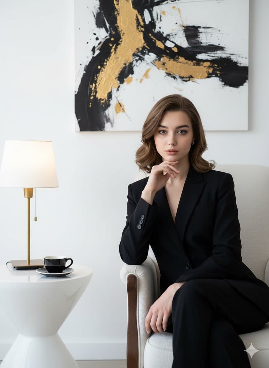 Elegant and confident woman in a black suit (nature)