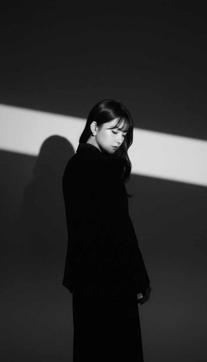 A dramatic black and white studio portrait (minimalist, portrait)