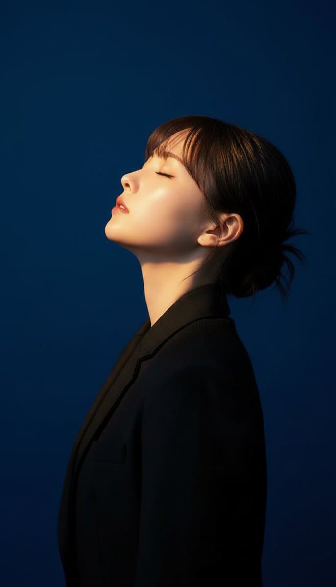 A cinematic side profile portrait of a young woman (minimalist, photography)