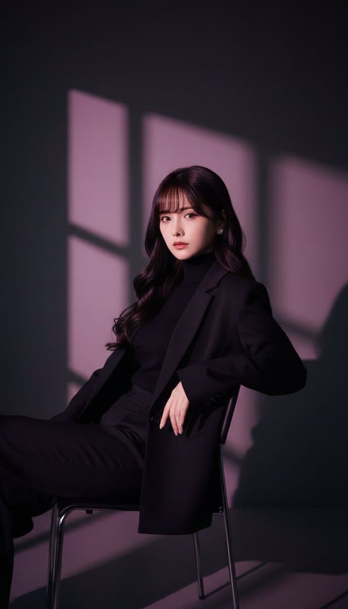 A stylish cinematic portrait of a young woman (fashion, interior)