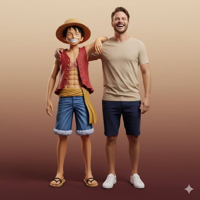 A hyper-realistic full-body portrait interacting with Luffy (fashion, landscape)