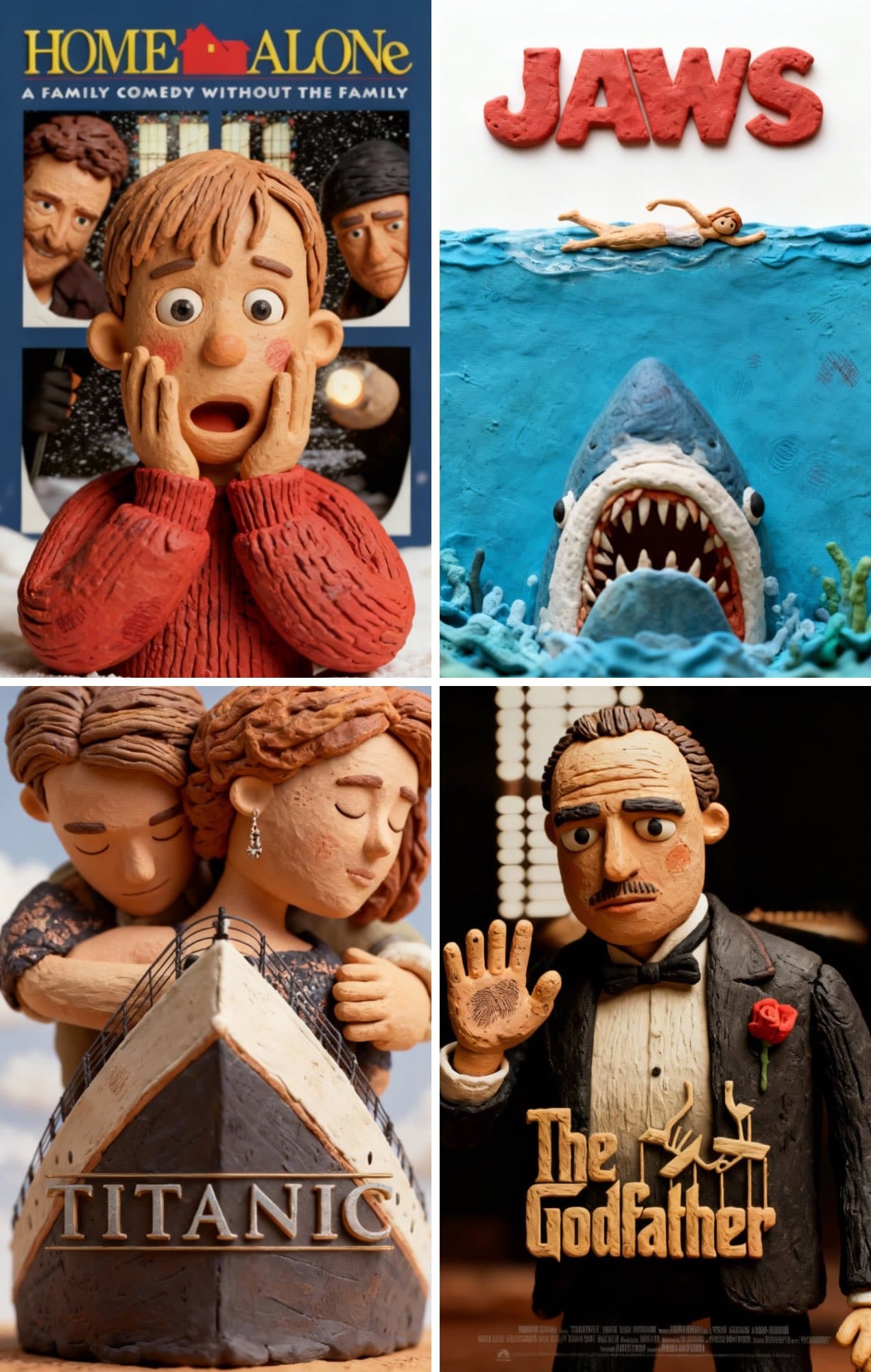 Redesign the movie poster in claymation style. (3d, character)