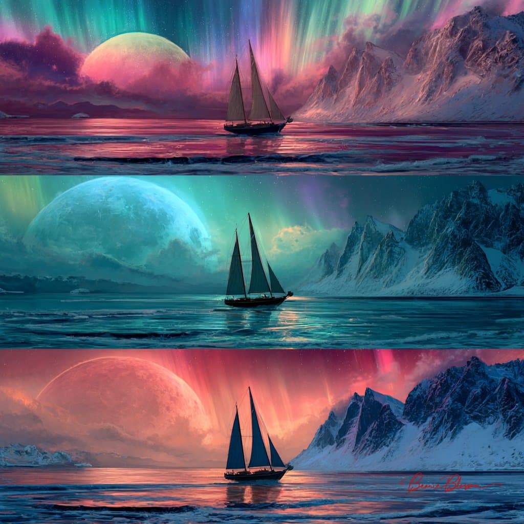 Three different fantasy sailing ships on the ocean (fantasy, landscape)