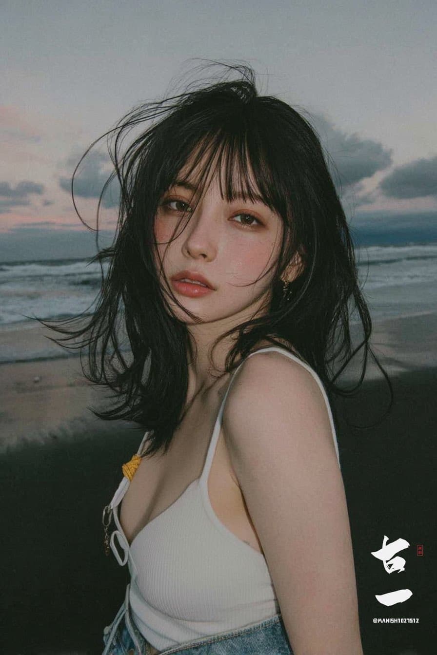 Cinematic-style portrait of a woman by the seaside