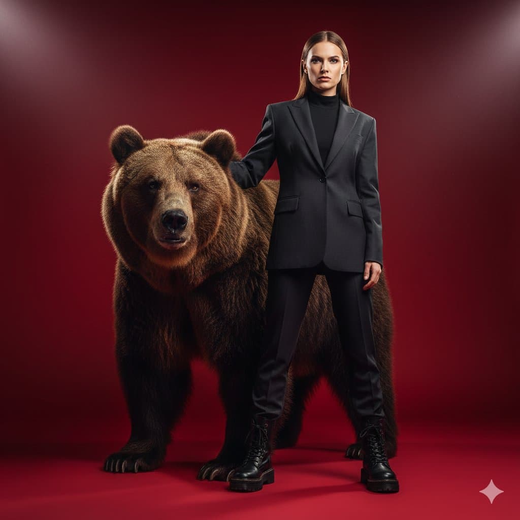 Fashionable Woman Taking Selfie with Bear