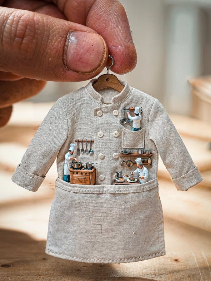 An extremely detailed miniature scene of a chef's uniform.